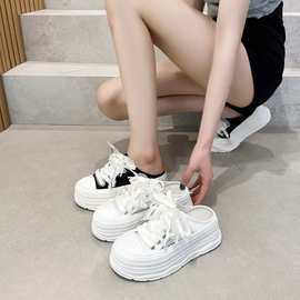 2025春夏新款休闲鞋蕾丝网面珍珠蝴蝶结厚底包头懒人半拖小白鞋女