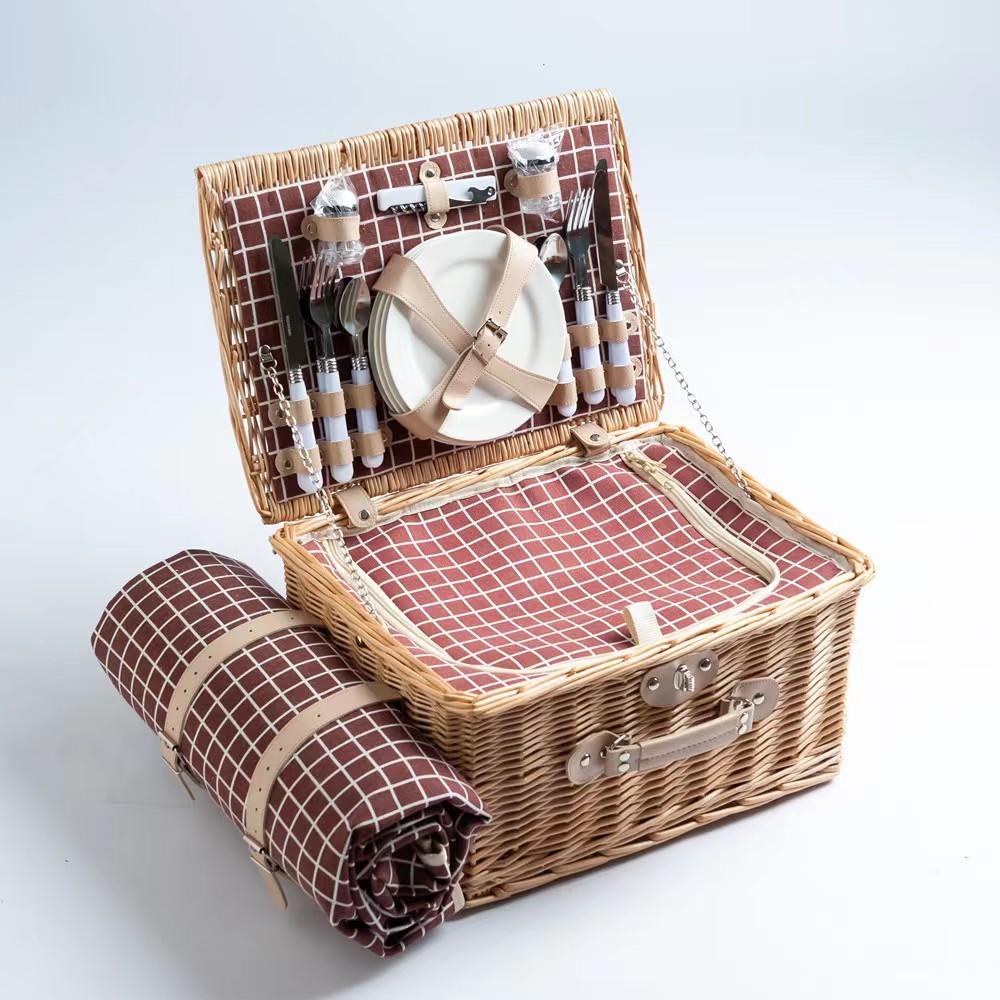 Cesta de picnic de mimbre para 4 personas, cesta de picnic de ratán, cesta de picnic para exteriores, cesta de picnic de sauce, en stock, dropshipping disponible