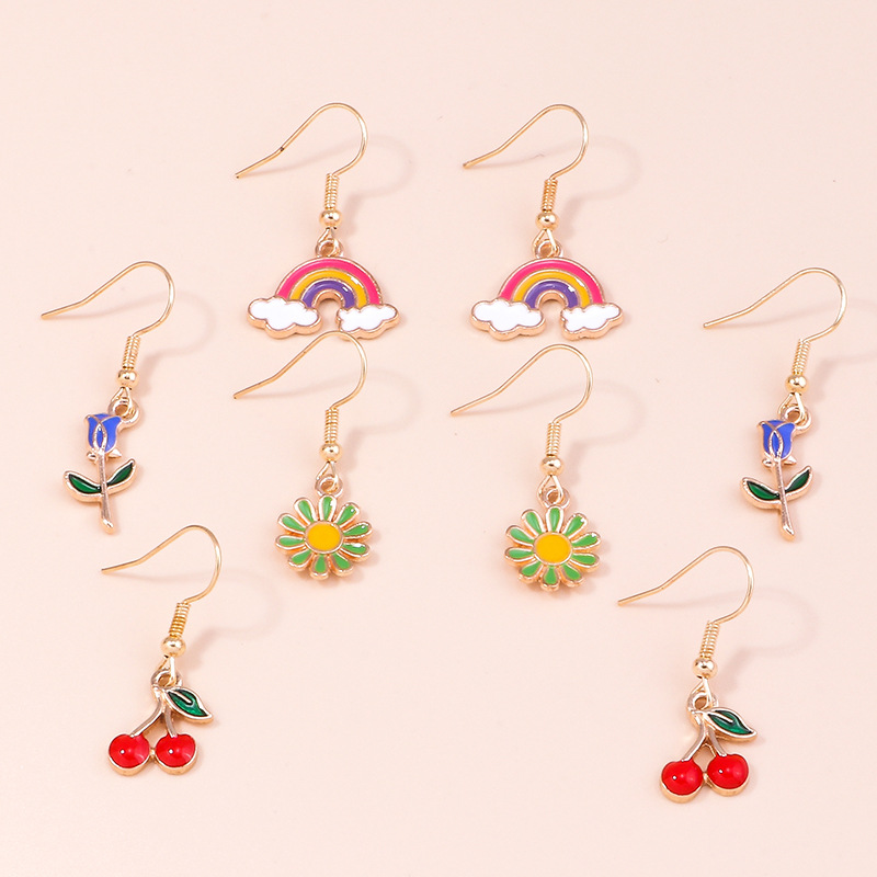 15g Weight Alloy Ear Needle Material Drop Earrings Classification 5 Pairs Quantity Casual, Daily Occasion Alloy Material Cherry, Starfish Pattern Women's Gender Enamel Design Cute Style 5 Pairs Cute Cherry Starfish  Enamel Alloy Drop Earrings 14