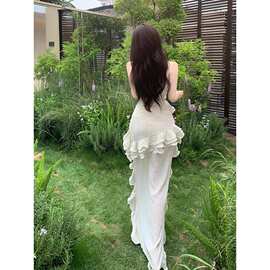 法式荷叶边不规则吊带连衣裙仙女夏季气质纯欲风海边度假沙滩长裙