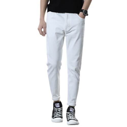 Pure white high-end jeans men's elastic slim fit men's nine-point pants fashion brand versatile physical store good supply