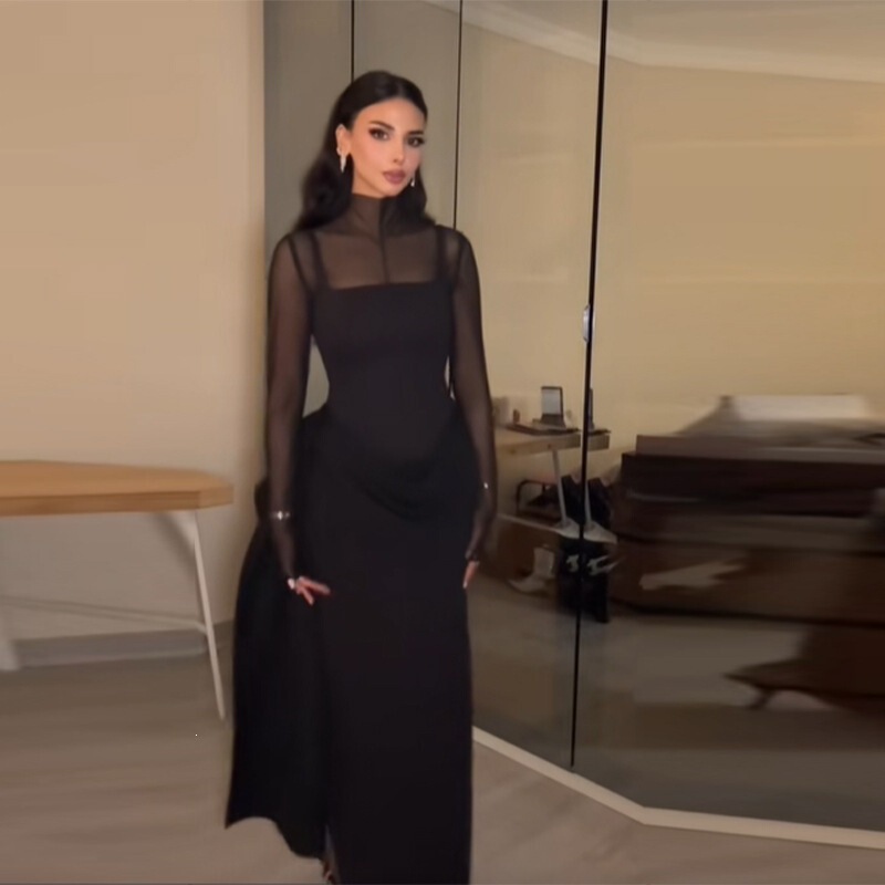2026 New Cross-Border European and American Style Women's Dress, Pure Desire Style, Half-High Collar, See-Through Mesh Design, Long Dress 2026 New Cross-Border European and American Style Women's Dress, Pure Desire Style, Half-High Collar, See-Through Mesh Design, Long Dress