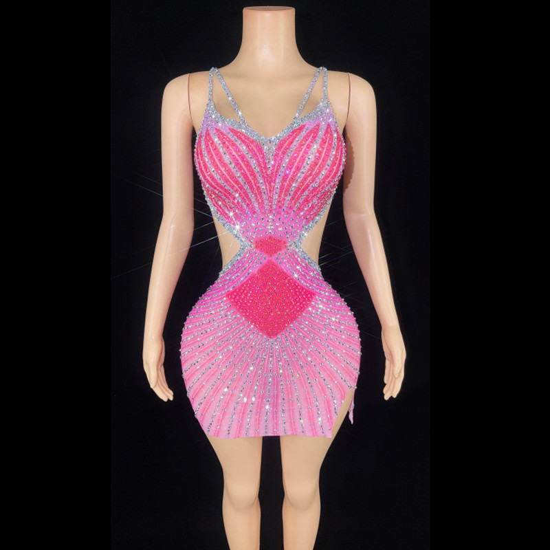 新款跨境欧美性感吊带水钻闪亮紧身连衣裙生日车展年会礼服