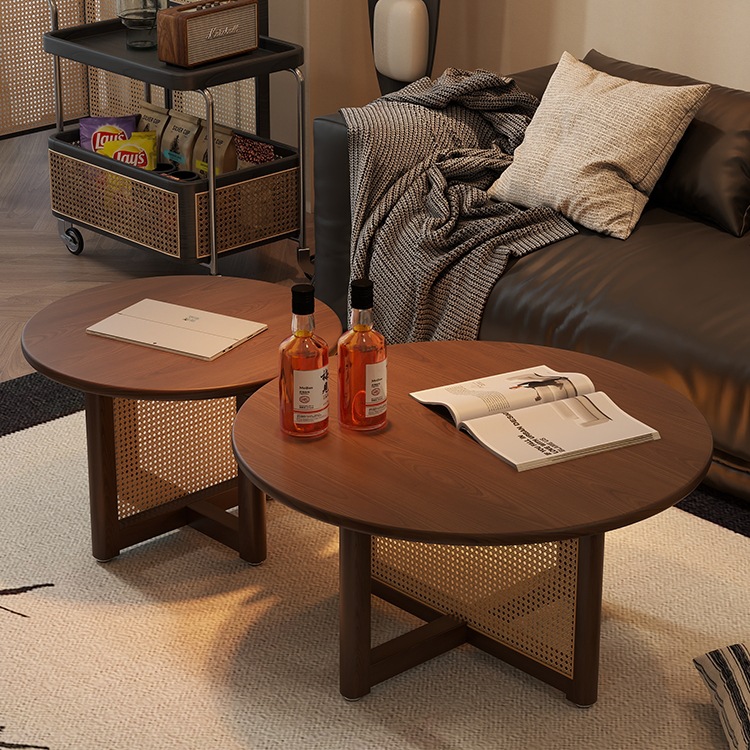 New Product, Antique Style Solid Wood Coffee Table, Living Room Round Coffee Table, Small Apartment Home Sofa, Retro Rattan Coffee Table, Simple