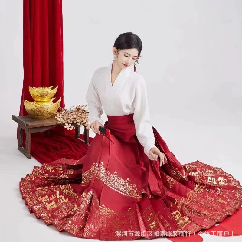 Новый китайский стиль ткацкого золотого конского юбка костюм женский 2024 весна лето новый ежедневный взрослый ханфу оригинальный ханфу