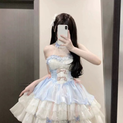 桔梗house爱神之约原创lolita公主风特纯欲风挂脖吊带短裙蓬蓬裙