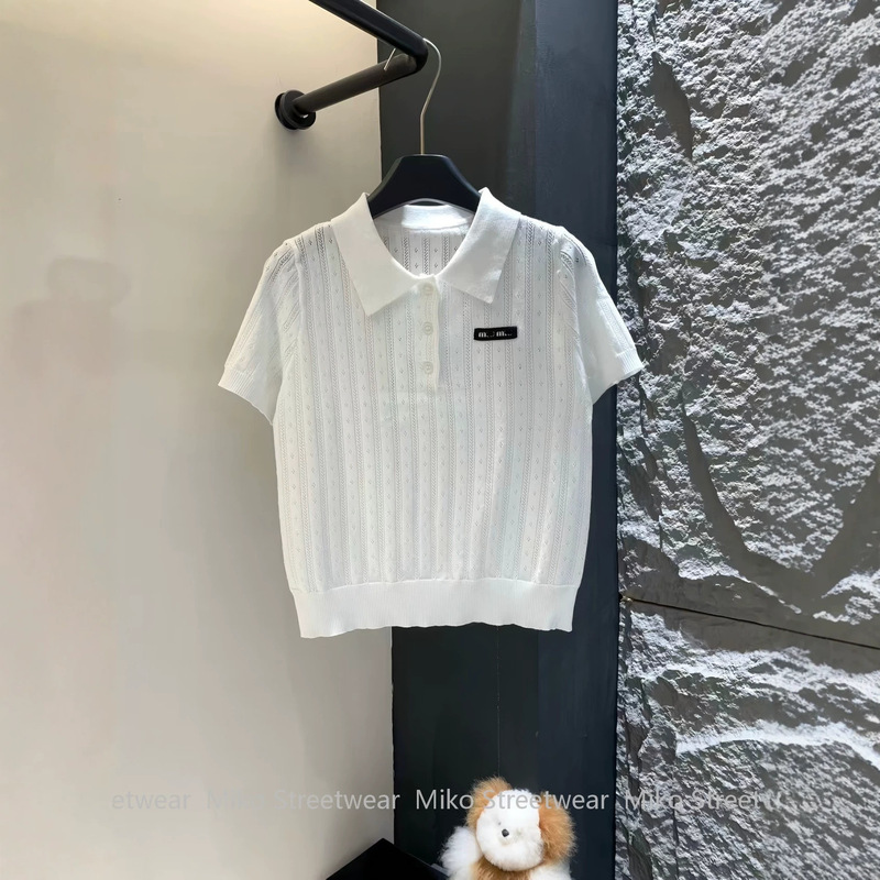 26 Summer Style Miu Series Hollow Knitted Polo Shirt for Women Korean Style Breathable Lapel Age-Reducing College Style Short-Sleeved Top