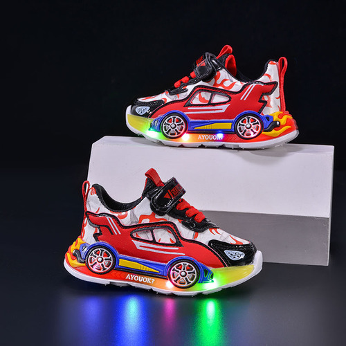 Boys' 2025 Spring and Autumn Cartoon Character Leather Surface LED Light-up Sneakers for Boys, Size 6-12