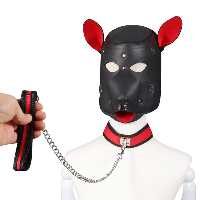 Leather Dog Head Mask with Purple Ears, Human K9 Costume Headgear — detail image 25