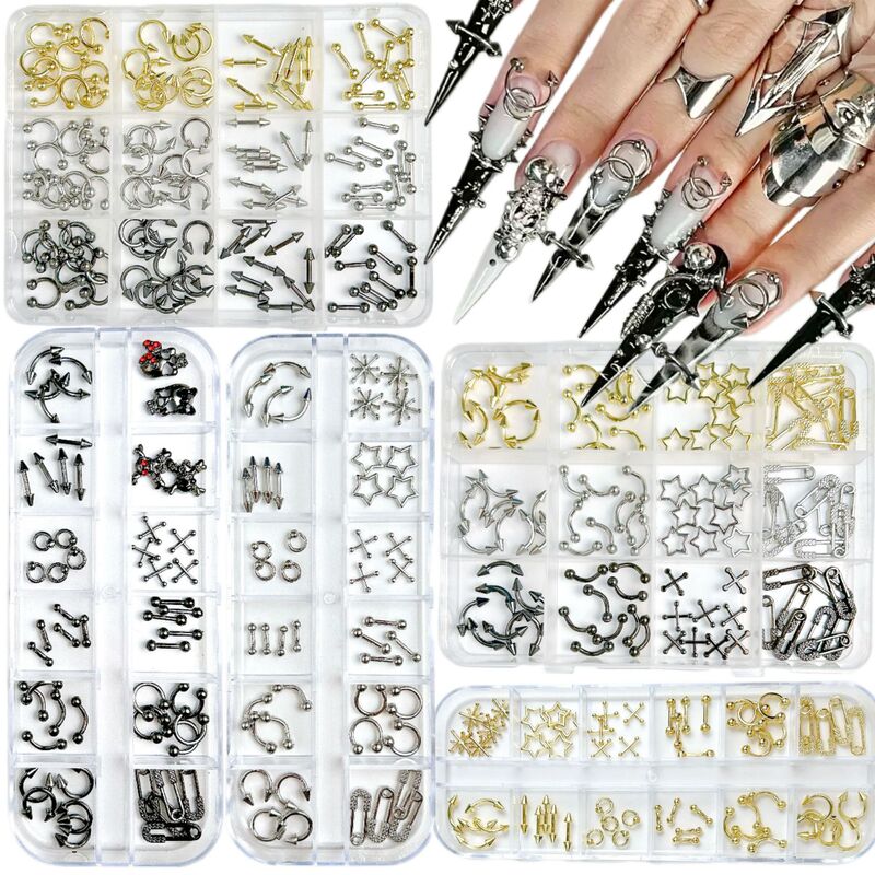 12-Grids Boxed Nail Art Jewelry Punk Style Alloy Perforated Ring Lock Starburst Rivet Nail Jewelry DIY