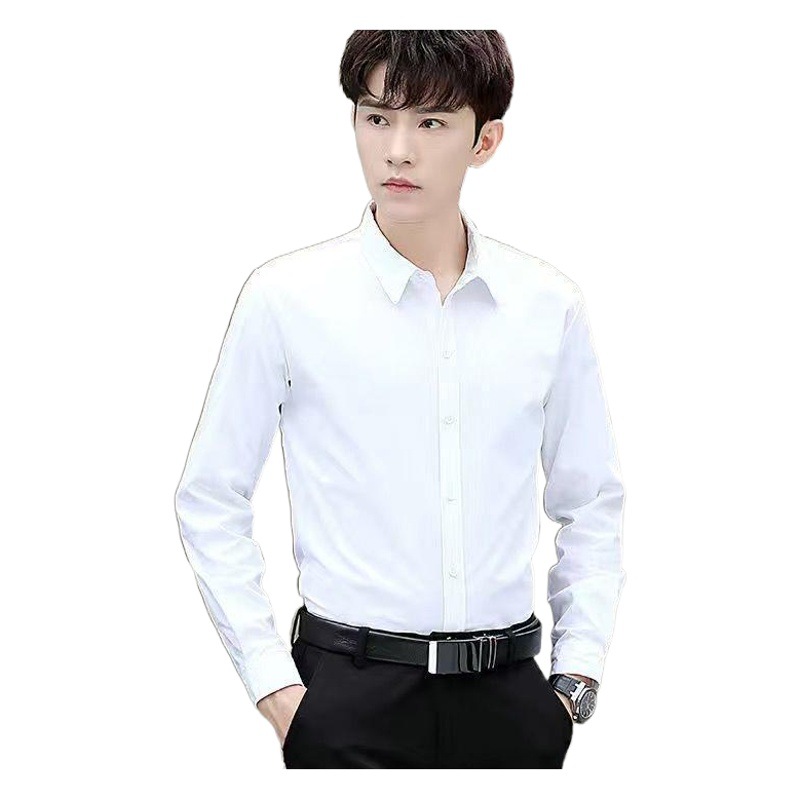 Camisa blanca de los hombres de manga larga slim fit primavera y otoño estilo coreano hombres de moda camisa de negocios versátil color sólido guapo top