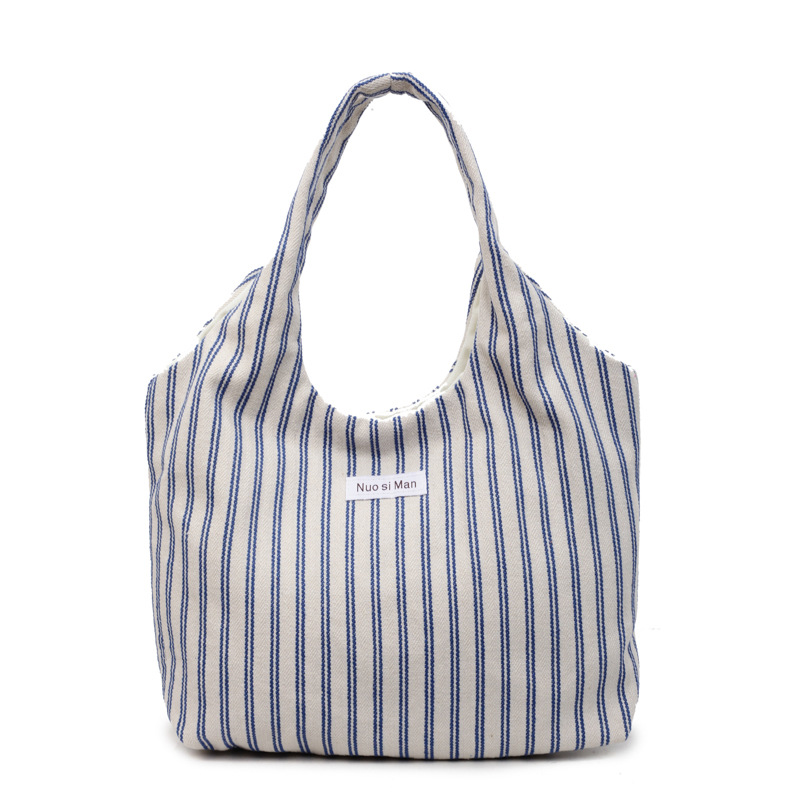 Bolso Tote de moda coreana 2025 nuevo bolso de lona estilo azul marino a rayas bolso de hombro con letras casuales