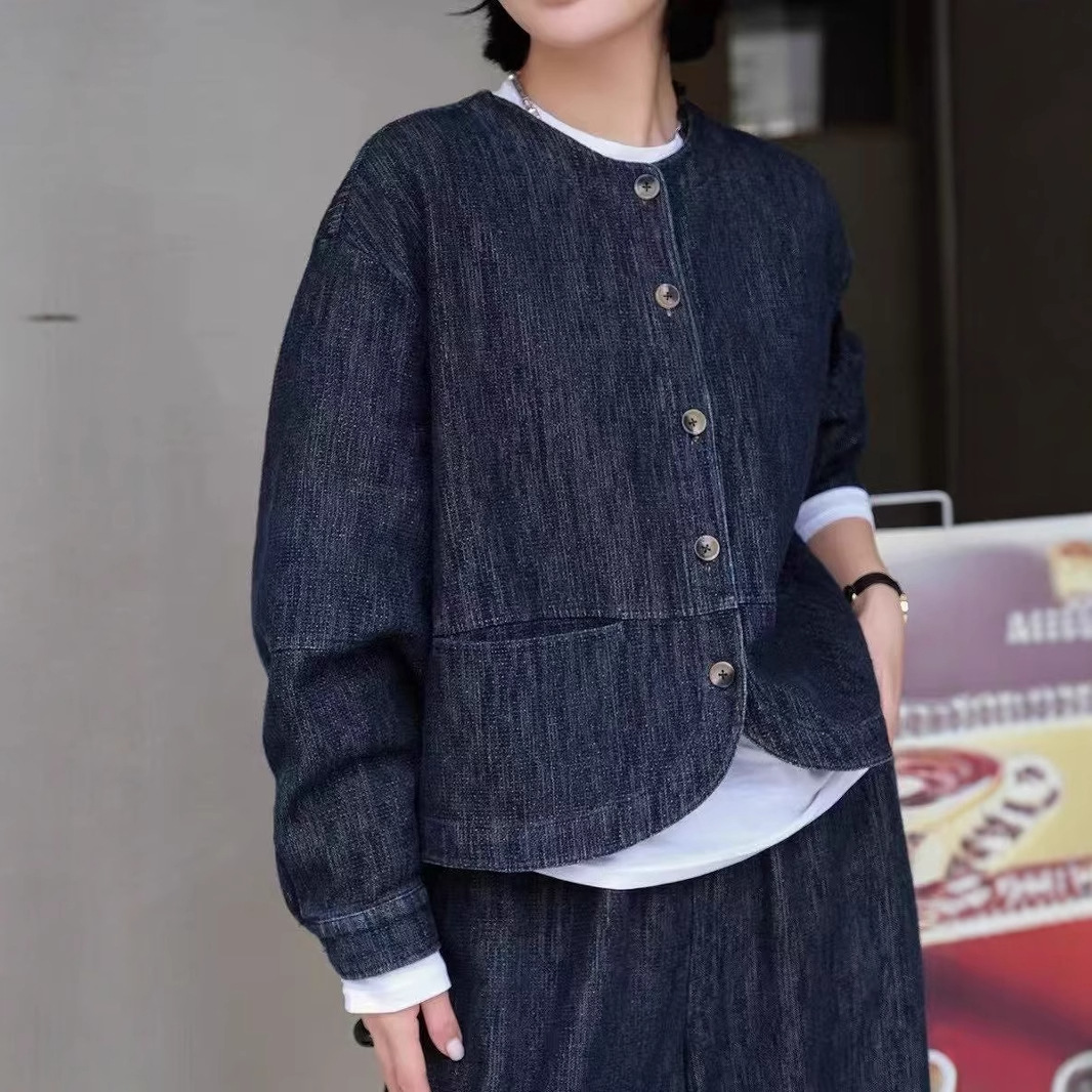 2025春装新品 日系文艺小清新复古圆领单排扣牛仔长袖衬衫外套女