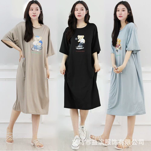 Летнее свободное утягивающее ночное платье-футболка с полосатым принтом для студенток, корейский стиль, средней длины, можно носить и на улице.