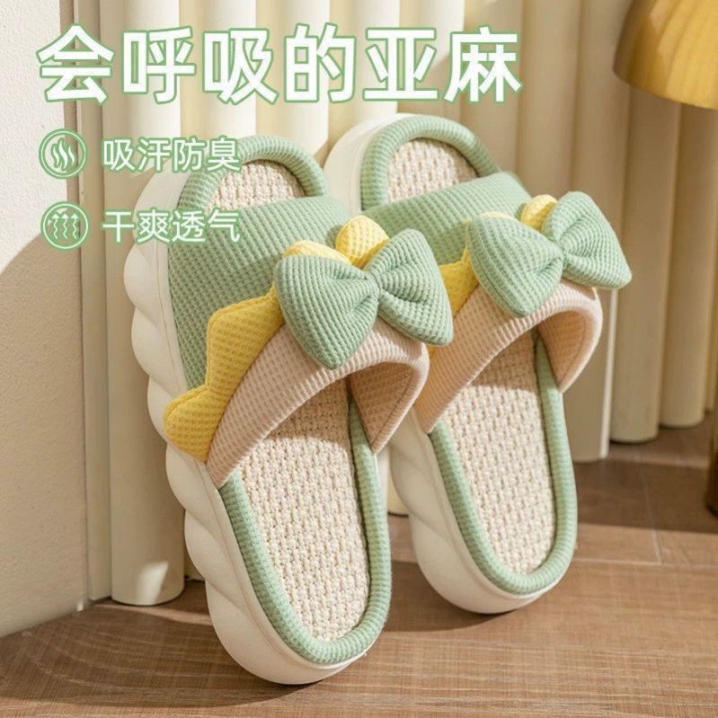 Льняные тапочки для женщин, нескользящие домашние, стильные парные тапочки, четырехсезонные домашние, милые прохладные летние, толстая подошва из хлопка и льна, весна и осень.