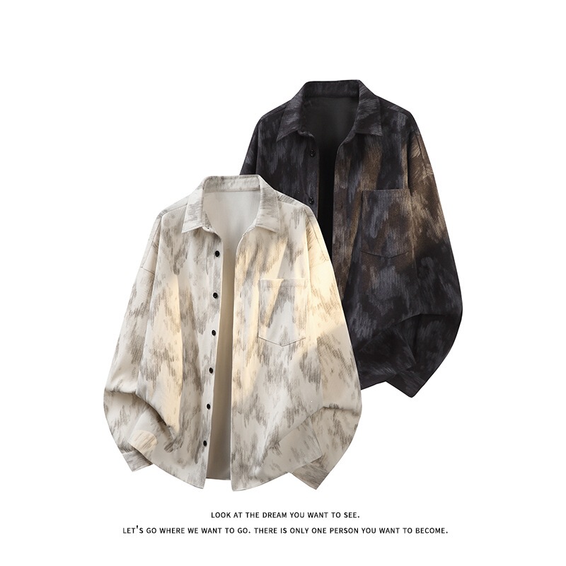 American-style tie-dye shirt for men and women, long-sleeved, collared, loose-fitting, versatile, casual, fashionable shirt C2300