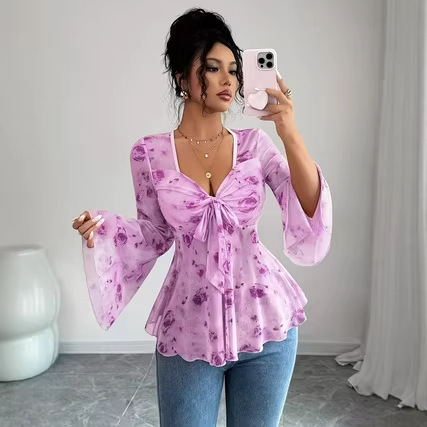 Plus-Size Women's New Floral Print Mesh See-Through Bell Sleeve Bow Front Casual Elegant Women's T-Shirt