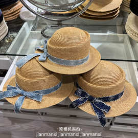 小清新草帽子女夏季蝴蝶结飘带宽檐遮阳防晒帽透气圆顶沙滩太阳帽