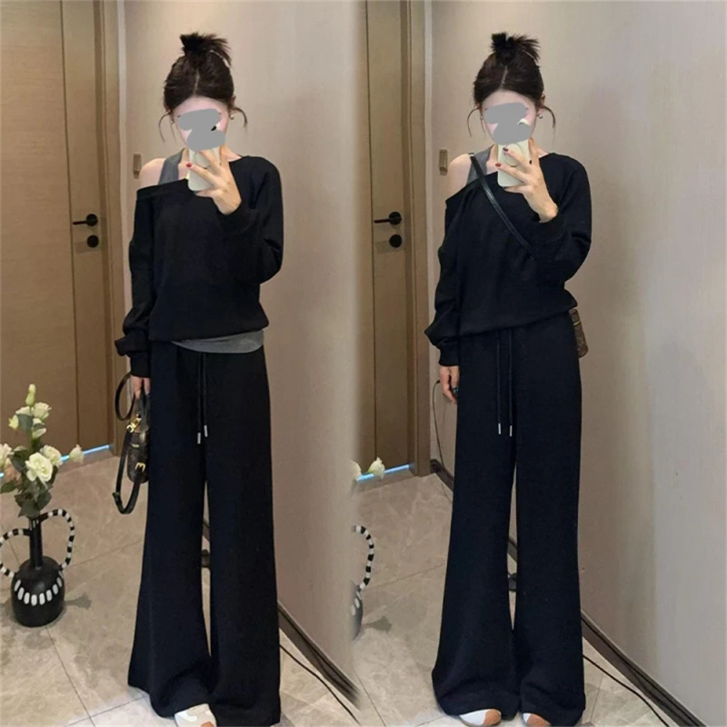 老钱风松驰感套装女2025春秋新款假两件露肩长袖卫衣阔腿裤两件套|undefined