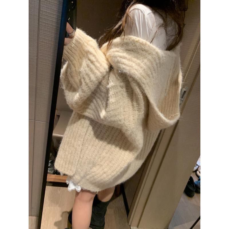 ZLA 灯笼袖连帽毛衣外套女秋冬新款宽松显瘦慵懒加厚针织开衫女|undefined