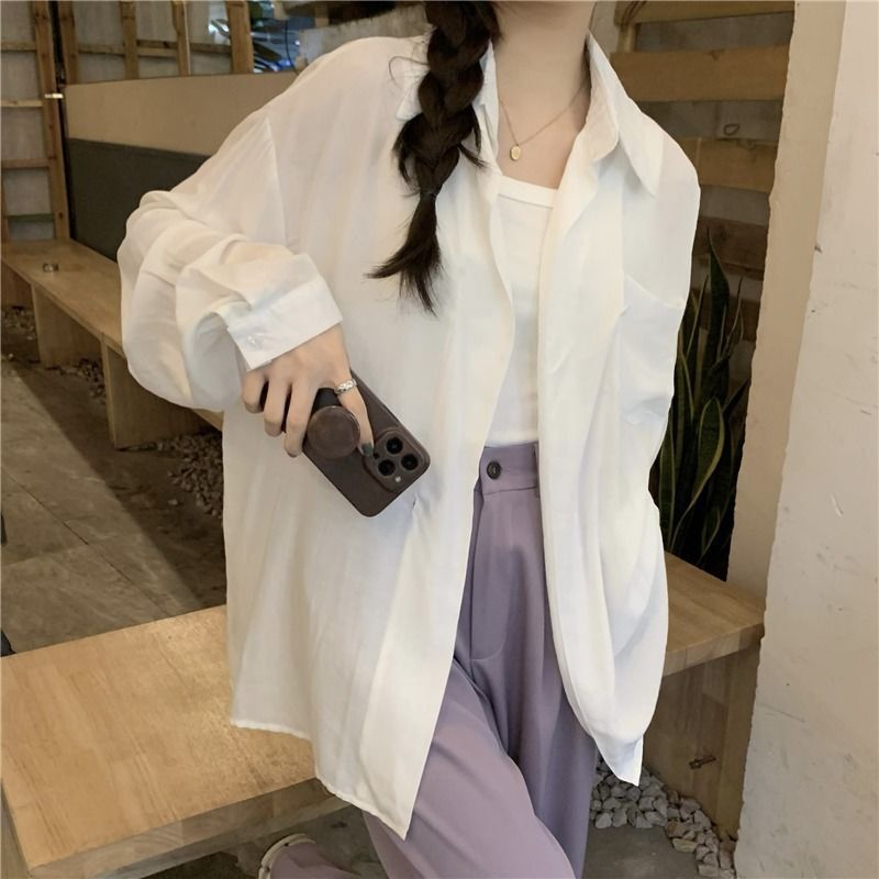 フランスの紫色の日焼け止めシャツの秋の新型のゆったりした大衆は長袖の女性の薄いタイプのPoloの襟のシャツを設計します。|undefined