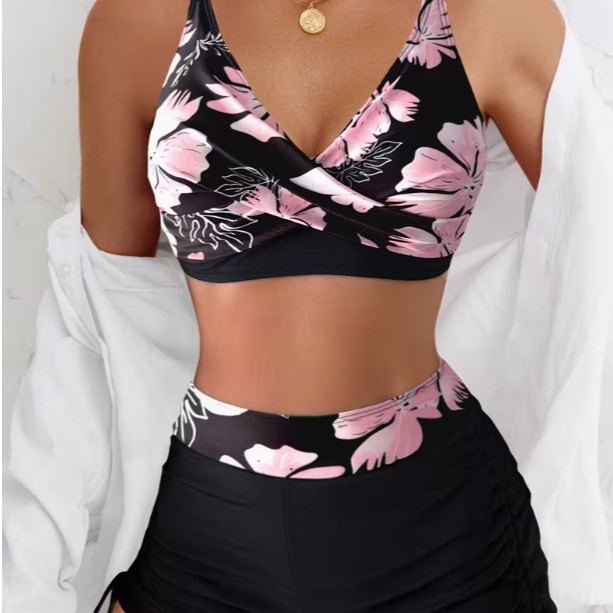 Romantic Holiday Style Floral Print Cross Drawstring Square Pant Bikini Set, a Popular Foreign Trade Item