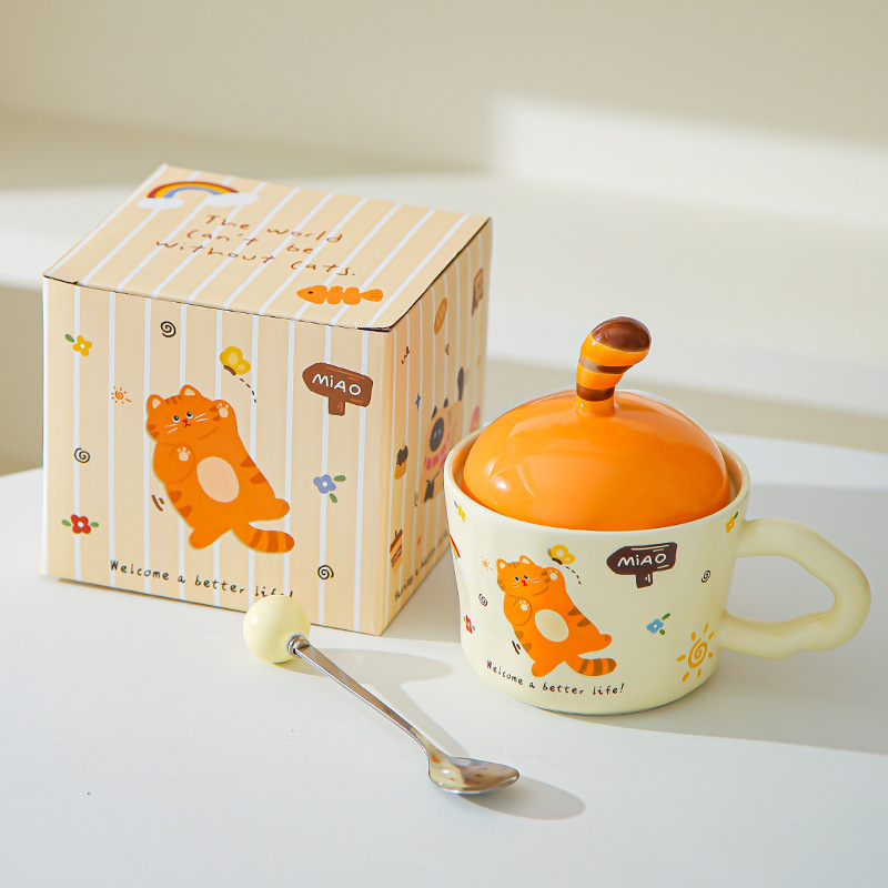 Divertido gato de dibujos animados tazas con cubierta de oficina adorable ins tazas de cerámica tazas de regalo creativas personales