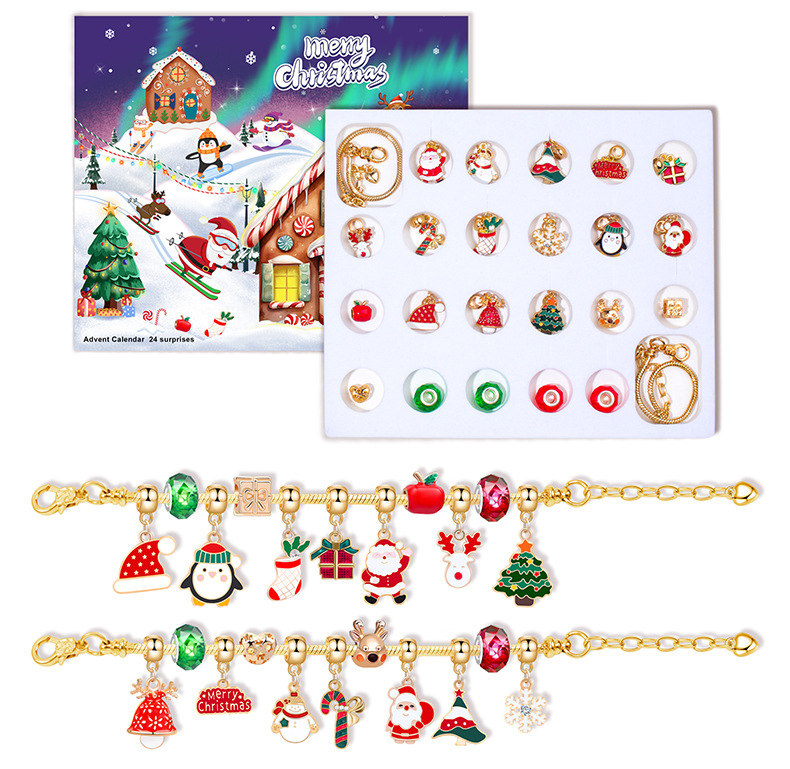 Weihnachtsschmuckherstellung, handgefertigtes DIY-Perlenarmband-Set für Kinder, 24-Raster, Weihnachts-Countdown-Blindbox, Armband, Schmuck-Geschenkbox_voghion.com