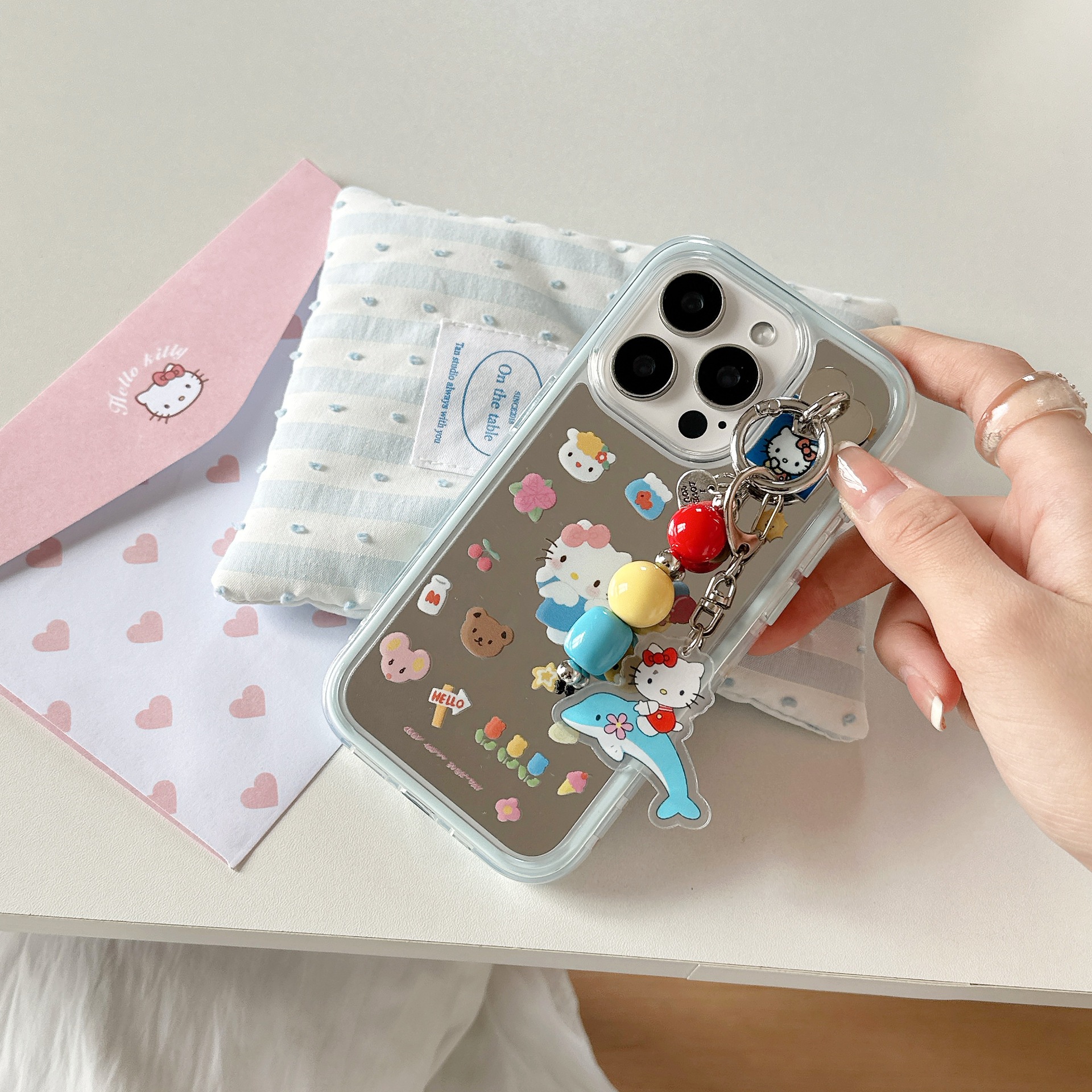 Dibujos animados lindo espejo KT gato para Apple 16proMax funda para teléfono móvil 15Pro chica 14/13 colgante 15PM