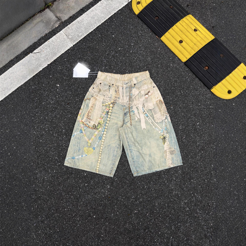 Acstudios Fw25 Lace Pearl Chain 3D Illusion Effect Printed Denim Shorts for Men and Women Acstudios Fw25 Lace Pearl Chain 3D Illusion Effect Printed Denim Shorts for Men and Women