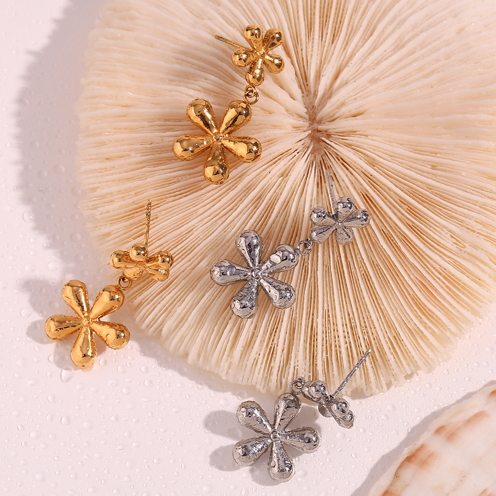 Two Small Flower Pendant Stainless Steel Earrings