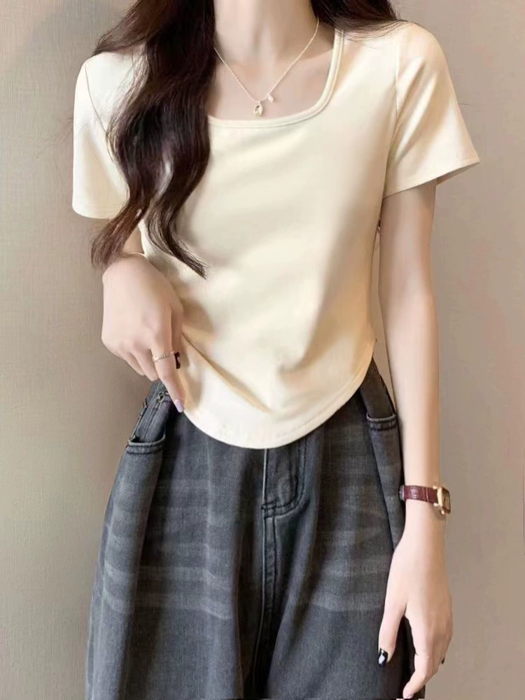 U-образный вырез с изогнутым подолом на правое плечо, утягивающая футболка чистого цвета с короткими рукавами, женская короткая тонкая летняя милая сексуальная футболка Pure Lust