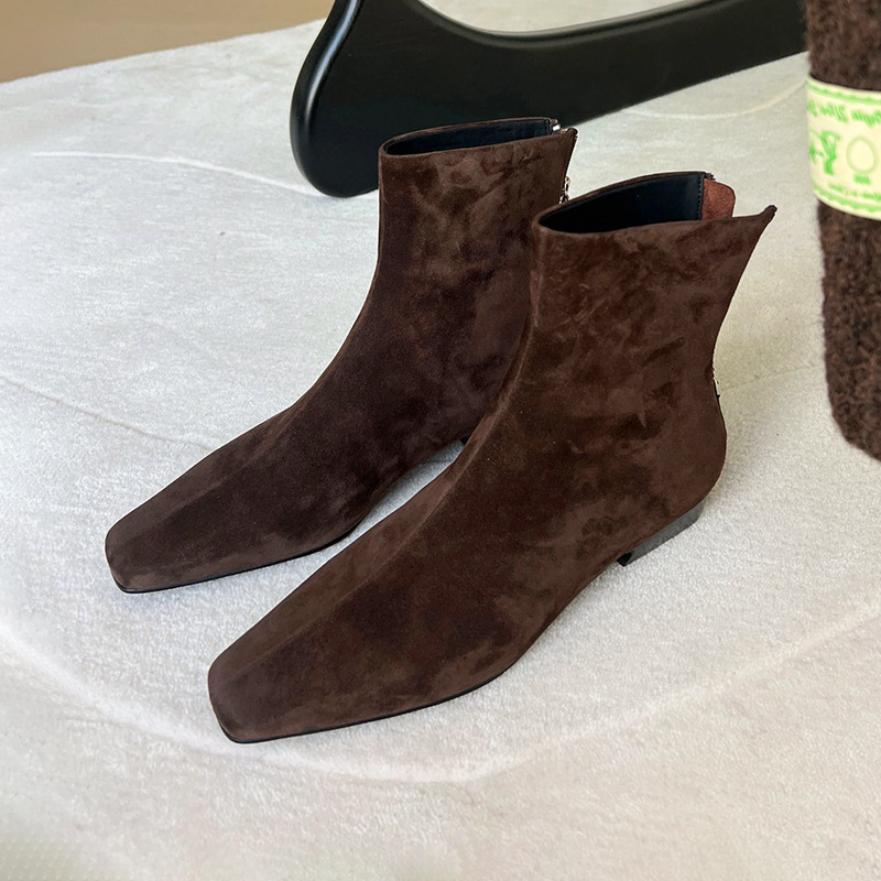 2024 New Autumn and Winter Rear Zipper Retro Brown Suede Korean Style Small Ankle Boots Slim Boots Square Toe Thick Heel Short Boots for Women