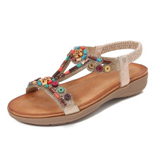 2024新款波西米亚欧洲时尚木珠水钻波西米亚平底舒适大码凉鞋女