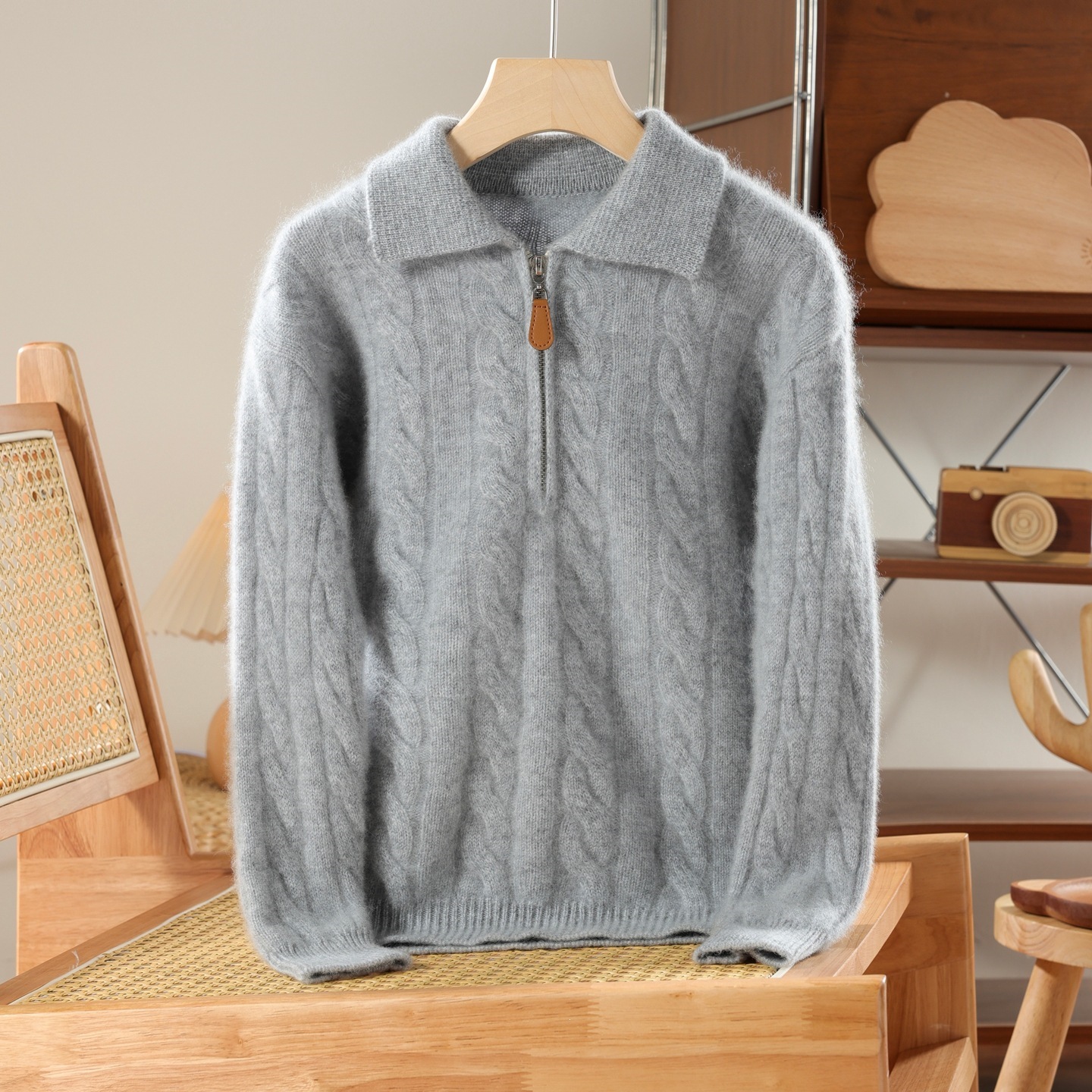 New autumn/winter boys' collared half-zip sweater, pure wool, cable knit, loose fit, versatile children's base layer.