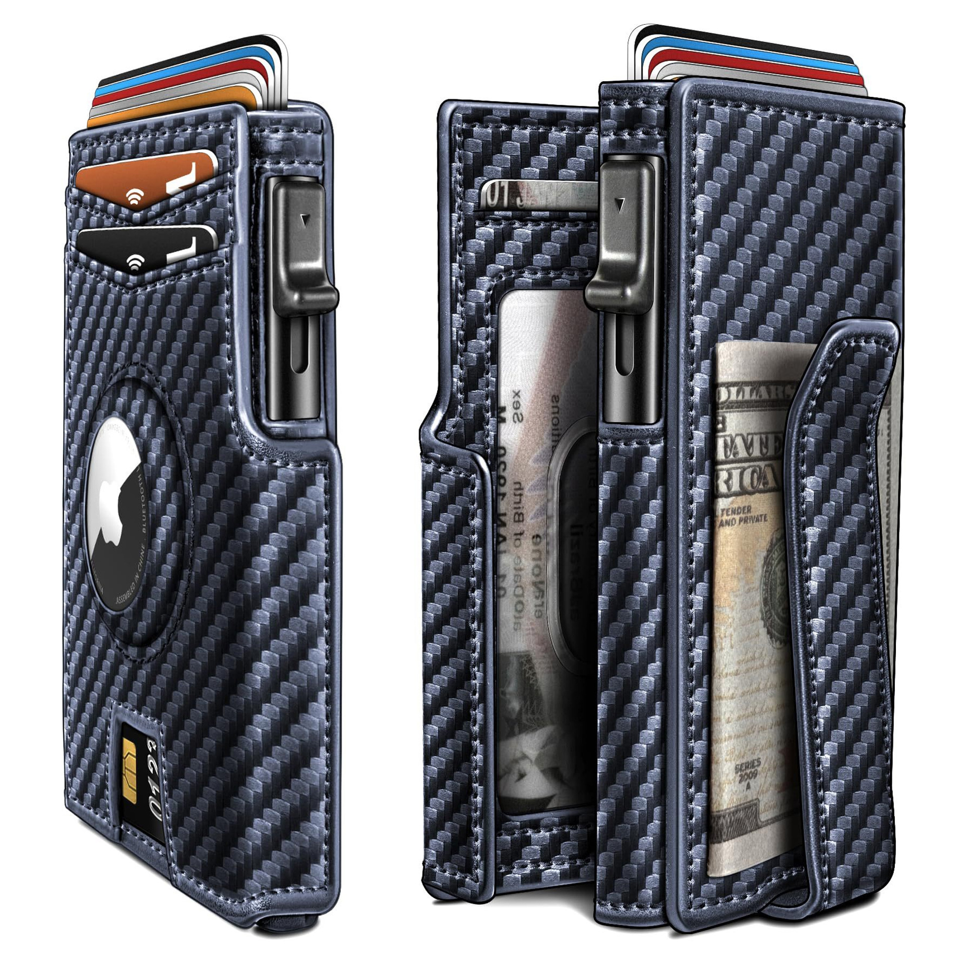 Monedero de rastreo transfronterizo de airtag de hombre multi-tarjeta de fibra de carbono cartera de tarjetas de cartera antirrobo de cepillo de cuero de hombre