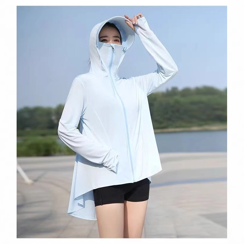 Ropa de protección solar para mujer verano de longitud media 25 nuevo estilo seda de hielo ultravioleta transpirable delgado suelto delantero corto trasero abrigo largo
