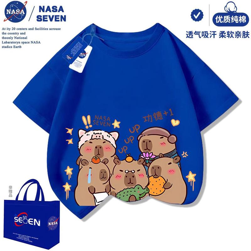 NASA卡皮巴拉纯棉T恤儿童洋气2025夏季新款水豚君短袖男女童上衣|undefined