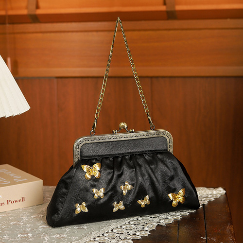 Black metal butterfly handbag, antique cheongsam banquet clutch, chain metal small square bag