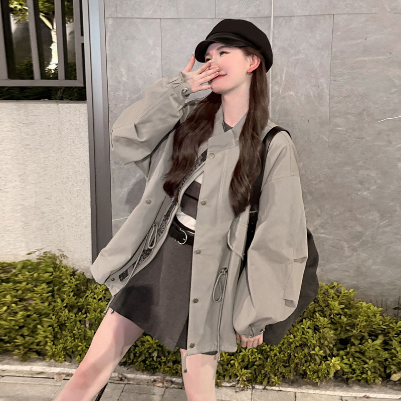韩系高级感抽绳立领风衣外套女秋冬季2025新款小个子夹克短款上衣|undefined