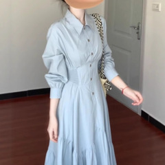 秋季流行穿搭蓝色POLO领连衣裙高级感收腰显瘦衬衫裙知识分子裙子