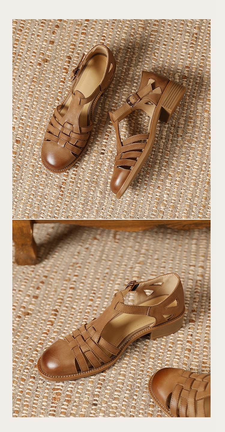 Sandal bít mũi da cừu phong cách La Mã quai chữ T dệt cho nữ — Màu caramel chi tiết 20