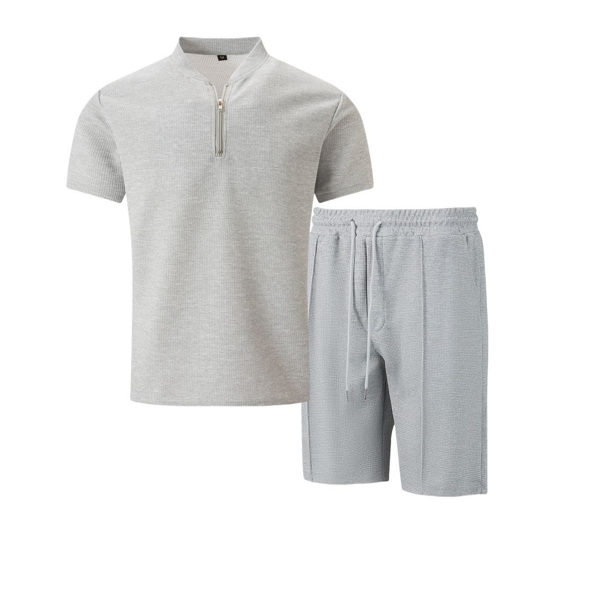 Men's Waffle Stand Collar Zip Set Casual Breathable Short Sleeve_voghion.com