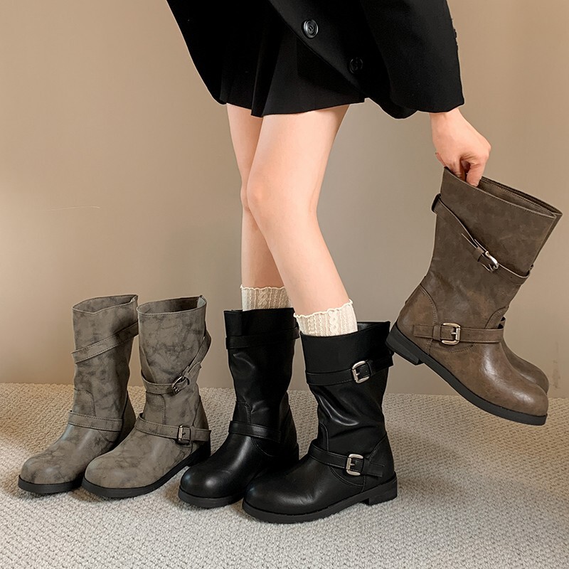 Chunky-heeled buckle mid-calf riding boots for women, Korean style, spring and autumn western cowboy stacked boots Chunky-heeled buckle mid-calf riding boots for women, Korean style, spring and autumn western cowboy stacked boots