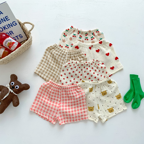 Korean style children's clothing for boys and girls, cartoon printed short-sleeved shorts set, baby summer thin home clothes two-piece set