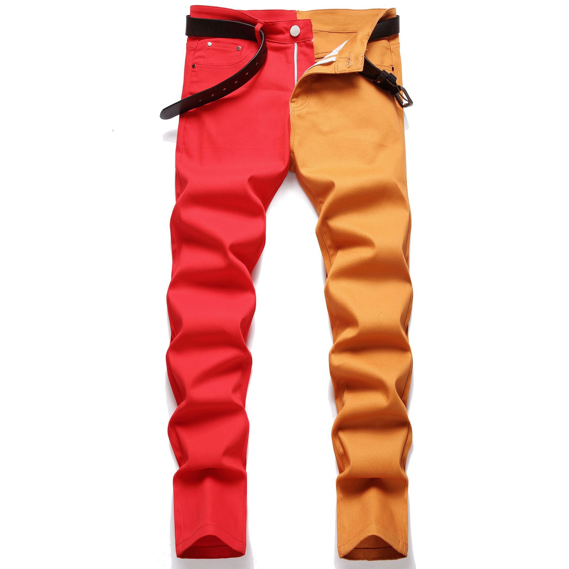 Pantalones vaqueros de los hombres micro elástico slim fit pies costura bicolor tendencia de la moda de los hombres multicolor en stock pantalones de exportación de comercio exterior