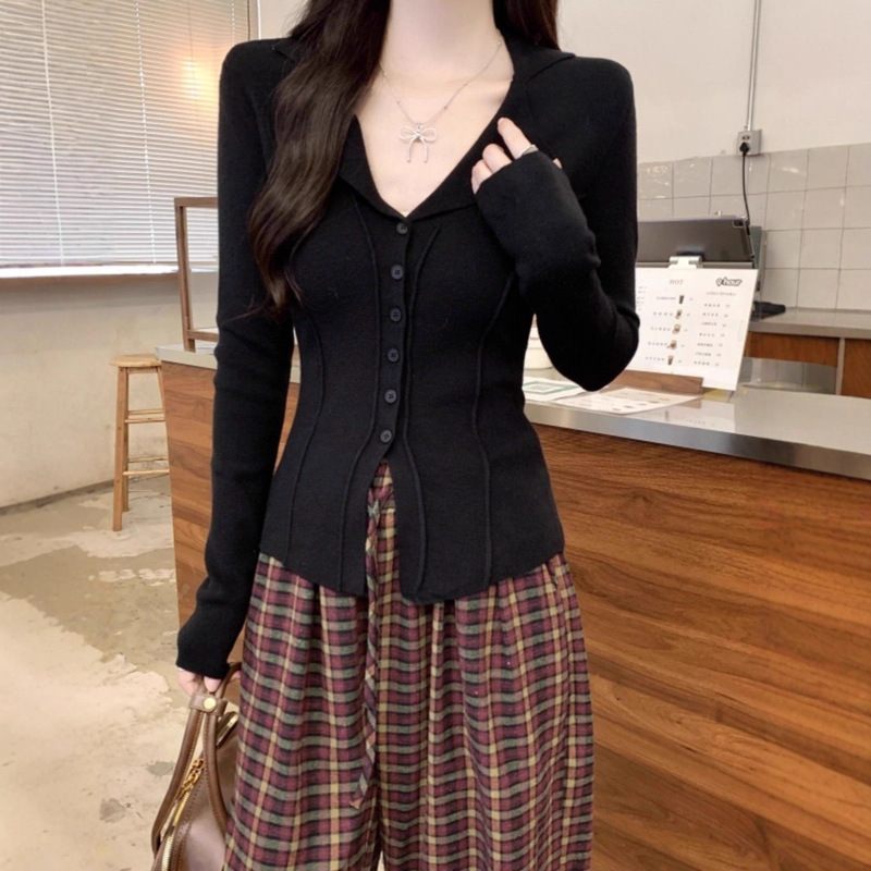 2025早秋新款女装气质时尚设计感纽扣V领修身显瘦针织衫长袖上衣|undefined