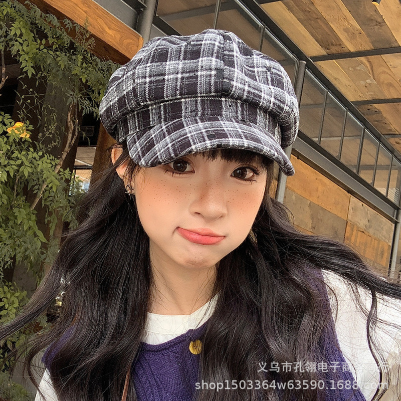 2025新款英伦复古格子八角帽子女春秋季户外休闲显脸小鸭舌画家帽|undefined