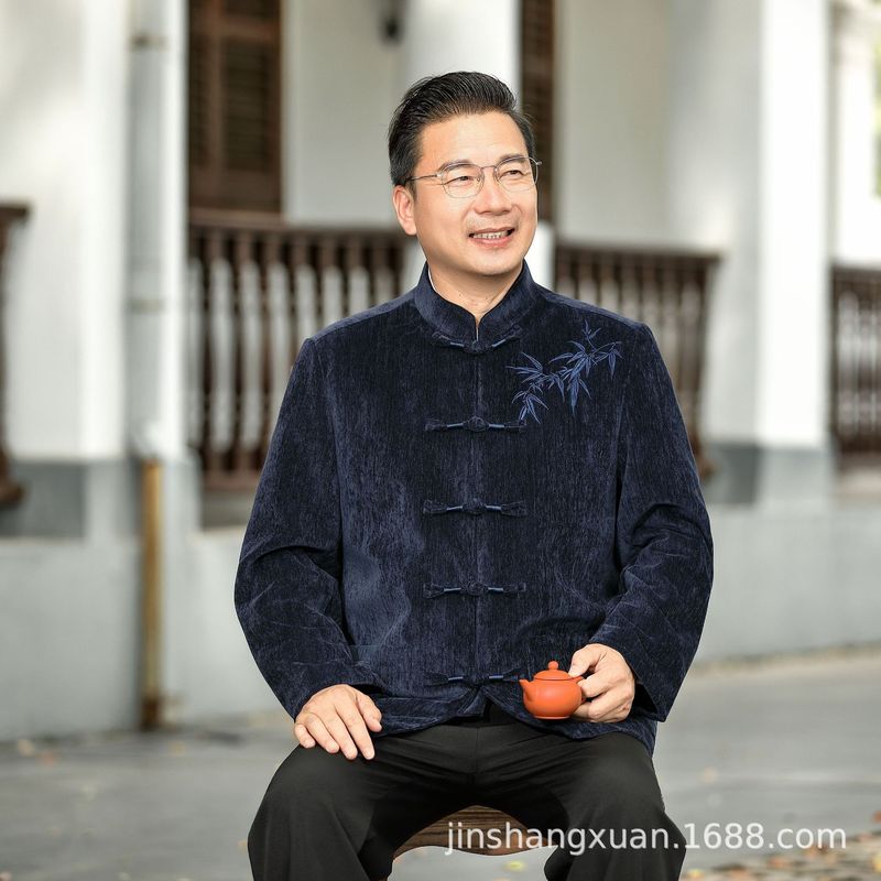 唐装秋季夹克老年刺绣长袖唐装夹克套装高品质休闲爸爸装老人衣服|undefined