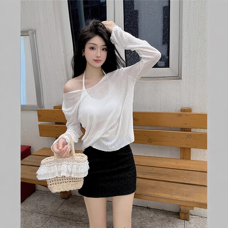 여름 루즈하고 나른한 스타일의 U넥 약간 반투명 자외선 차단 의류 긴팔 티셔츠 여성용 서스펜더 블라우스 얇은 거즈 아이스 실크 탑